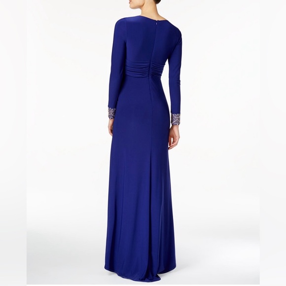 Vince Camuto Size 4 Long-Sleeve Embellished Faux-Wrap Gown in Royal Blue - Picture 2 of 13